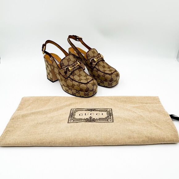 Gucci GG Horsebit Platform Slingback Square Toe Pumps New 37 US 7 - Picture 15 of 15